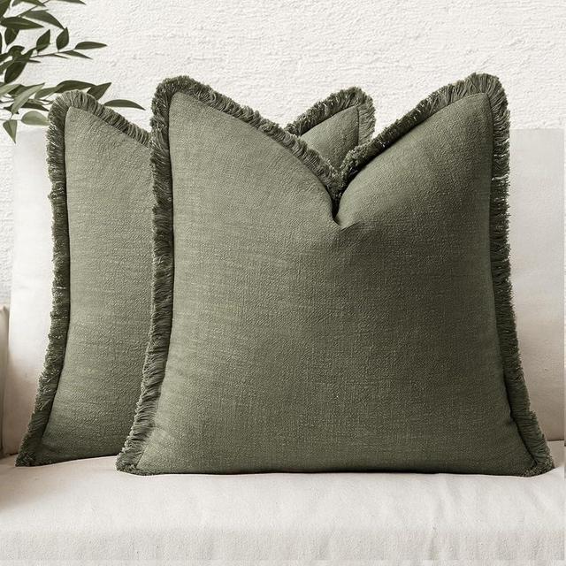 MIULEE Boho Farmhouse Pillow Covers Decorative Neutral Linen Throw Pillow Covers Set of 2 Olive Green Cushion Covers with Fringe for Couch Sofa Bed Living Room Spring Home Decor 26x26 Inch