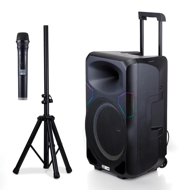 Altec Lansing Portable Speaker SOUNDROVER PRO 650, 650W Peak Power, Bi-Amplified, LED Lighting, Wireless Mic Included, Aux Input, Wall Powered Perfect for Parties, DJ and Karaoke