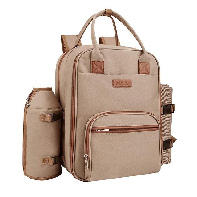 ALLCAMP Picnic Backpack for 2 Person Set with Detachable Bottle/Wine Holder, Fleece Blanket, Plates and Cutlery Set (Brown)