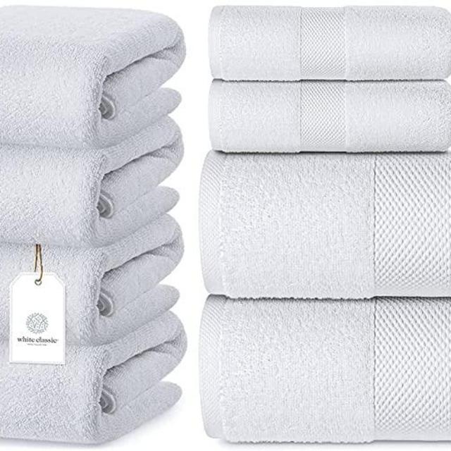 White Classic Luxury Cotton 4 Piece Bath Towel Set and 8 Piece Towel Set Bundle