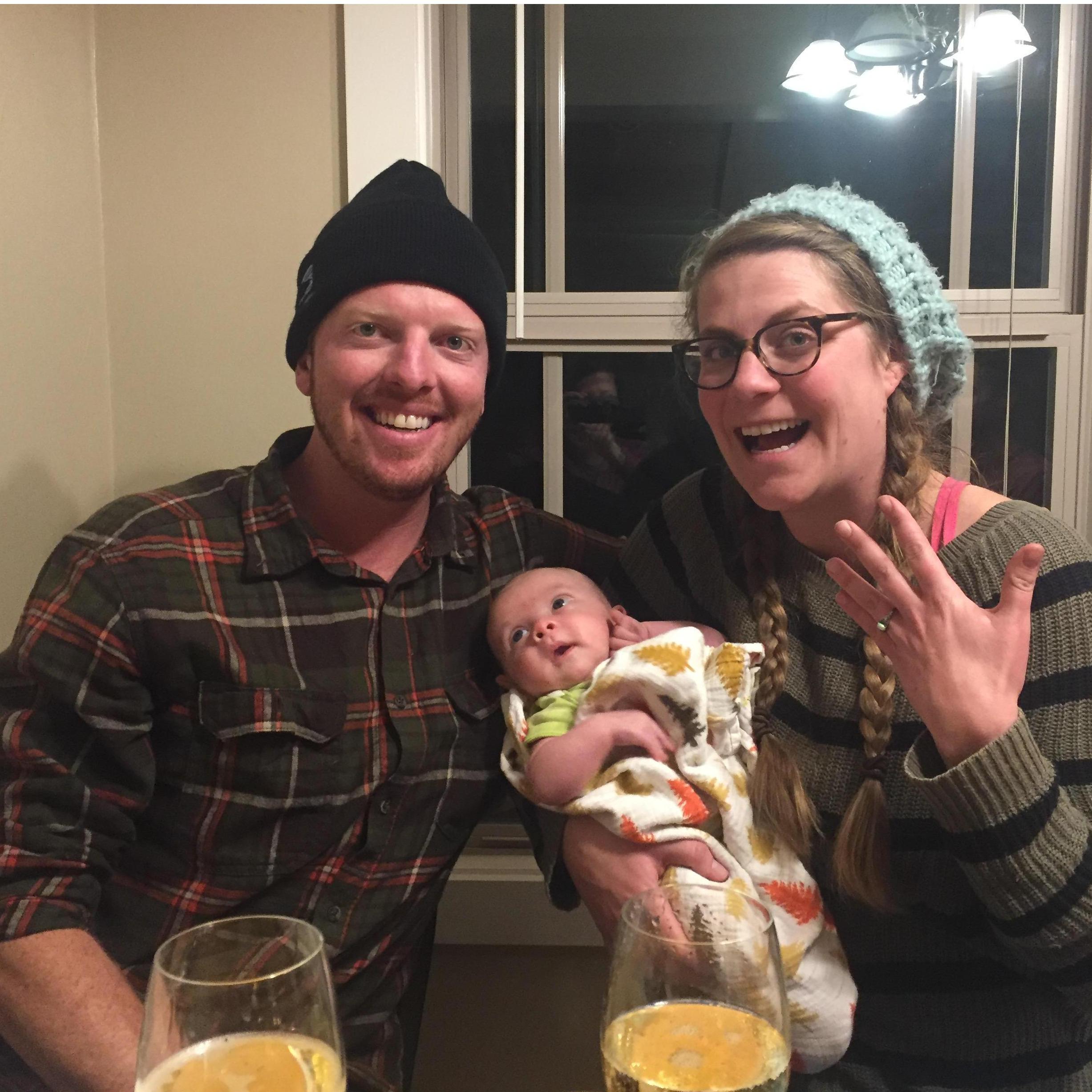 Celebrating our new engagement at The Prigmore's house with little baby Tioga! He can't wait for Jack to become his Uncle!