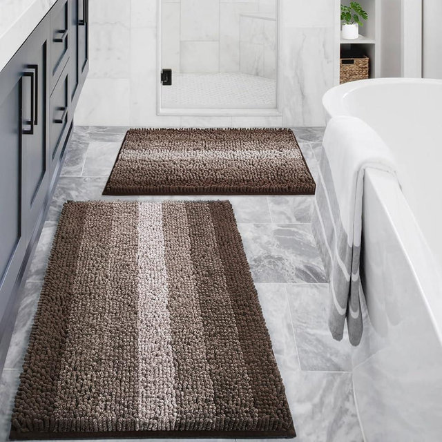 Gibelle Brown Bathroom Rug Set 2 Piece, Chenille Non Slip Bath Mat Set, Absorbent Shower Rug and Bath Room Floor Mats, Quick Dry Bathmat Bathroom Decor Accessories for Tub, 16" x 24", 20" x 32"