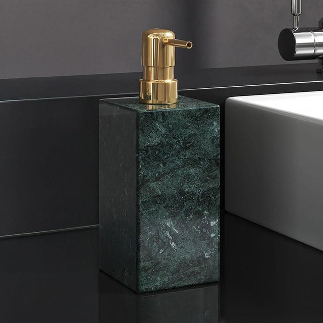 AUSAULAC Real Natural Marble Soap Dispenser with Stainless Steel Pump Decorative Liquid Hand Soap Bottle for Kitchen Bathroom, Compatible with Lotion, Dish Soap Shower Gel (Green 1 Set)