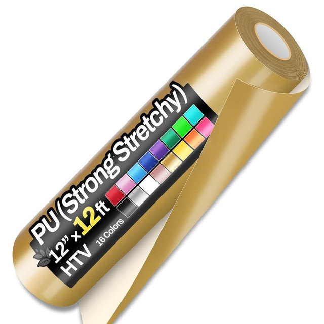 Sooez 12" x 12ft Heat Transfer Vinyl Rolls, Strong Stretchy PU HTV Gold for Shirts, Easy Cut & Weed DIY Heat Vinyl Design, Matte Finish