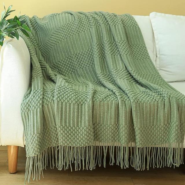 Blagic Knitted Throw Blanket for Couch, Bed and Sofa. Super Soft Blanket with Tassels, Sage Green Throw Blanket, 60 x 80 Inches Lightweight & Cosy Home Decor