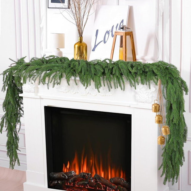 Hananona 2 Pcs 9 Ft Artificial Norfolk Pine Garlands, Real Touch Winter Pine Garland, Green Artificial Greenery Garland for Table, Mantle, Wall, Indoor, Outdoor Christmas Decorations (2, 9 Ft)