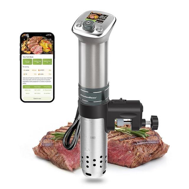 KitchenBoss Wifi Sous Vide Machine: Ultra-quiet Sous-vide Cooker Built-in LCD Recipes IPX7 Waterproof, Magnetic Knob Immersion Circulator Accurate Temperature APP Control 1100W, Silver