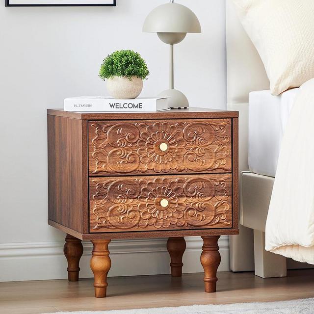 Sylphorium Nightstand, Farmhouse Bedside Table with 2 Drawers and Metal Handles, Wood Sofa Side Table End Table Accent Dresser for Bedroom, Living Room (Walnut) (15.75 x 16.02 x 18.15 Inch)