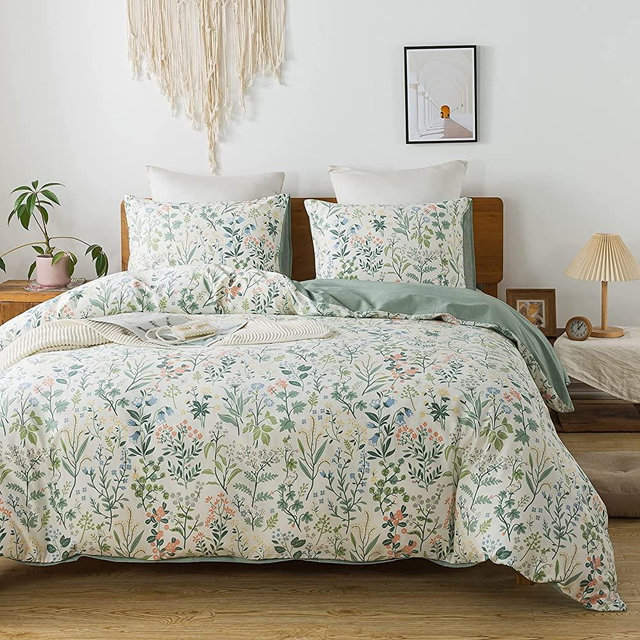 HoneiLife Duvet Cover Queen Size - 100% Cotton Comforter Cover Floral Duvet Cover Sets, Breathable Duvet Cover with Zipper Closure & Corner Ties,3pcs Wildflower Comforter Cover Sets- Fragrant Grass