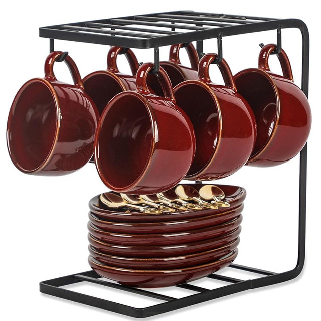 vicrays Ceramic Espresso Coffee Cups Set 4 oz Porcelain Espresso Cups with Saucers Spoons and Metal Stand for Tea Cafe Cappuccino Latte - Set of 6 - Cherry Red