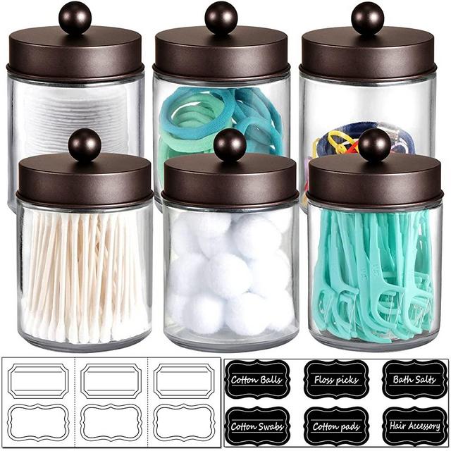 6 Pack Apothecary Jars Bathroom Vanity Organizer- Rustic Farmhouse Decor Storage Canister with Stainless Steel Lids- Qtip Dispenser Holder for Q-Tips,Cotton Swabs,Rounds,Ball,Flossers (Bronze)