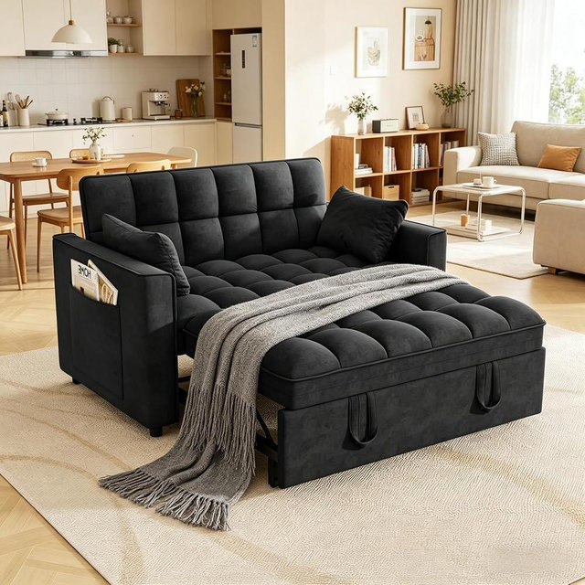 Yeehacc 3 in 1 Convertible Sleeper Sofa Bed, Pull Out Couch Loveseat Futon, Adjustable Backrest Velvet Sofa with Pillows and Side Pockets for Living Room Apartment, Black