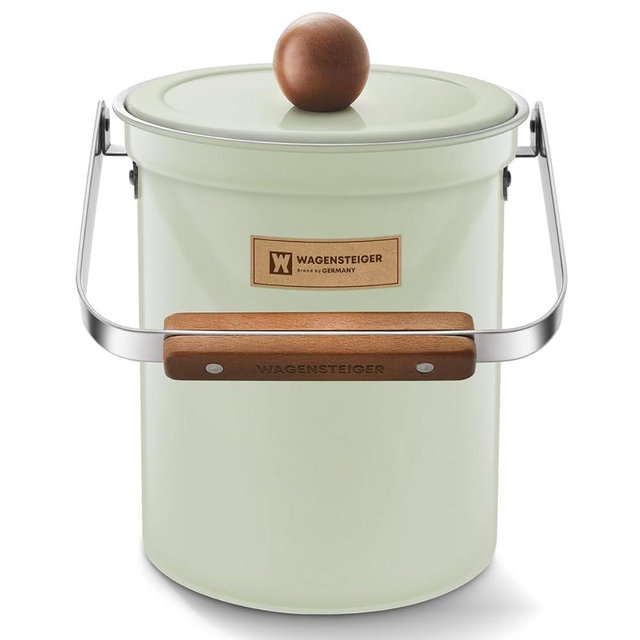 WAGENSTEIGER Kitchen Countertop Compost Bin 101Ounces / 3Liter with Airtight Lid, SUS304 Stainless Steel Odor-Free Food Waste Bin with Wooden Handle Stylish Design/Bathroon Trash Can (Mint Green)