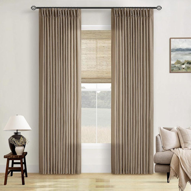 Pinch Pleated Neutral Linen Curtains 84 Inches Long 2 Panels Set for Living Room Dining Pinch Pleat Back Tab Light Filtering Farmhouse Boho Retro Window Curtain Drapes 84 Inch Length Latte Tan Brown