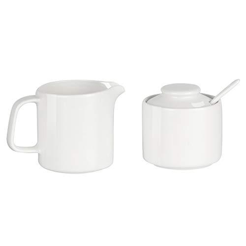 ONTUBE Porcelain Sugar and Creamer Set of 3,Cream Pitcher, Spoon, Sugar Bowl with Lid,Bright White