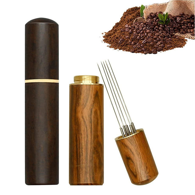 2 Pcs Espresso Distribution Tool, Espresso Stirrer Tool with Natural Wood Handle and Base, 5 Needles Espresso Coffee Stirrers Espresso Needle Distributor for Home Kitchen Cafe (Walnut and Rosewood)