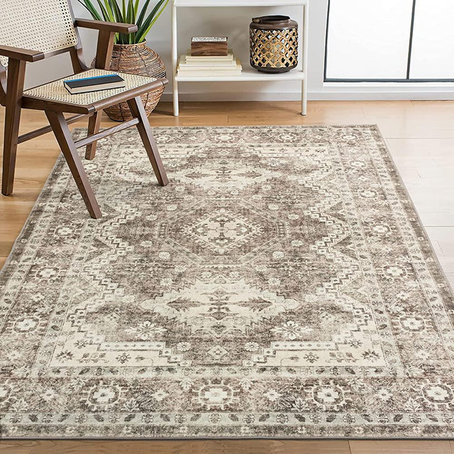 Rugland 6x9 Rugs – Stain Resistant Washable Rug, Anti Slip Backing Rugs for Living Room, Boho Persian Tribal Area Rugs (TPR07-Ivory, 6'x9')