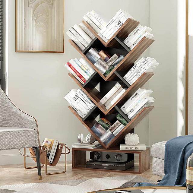 Artswish Tree Bookshelf 5-Shelf Floor Standing Bookcase, Free Standing Magazines Books Tree Rack for Living Room Home Office Bedroom, Walnut+Black