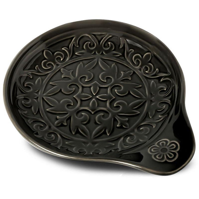 Howise Farmhouse Ceramic Spoon Rests Holder for Kitchen Counter Stove Top (Black-A4)