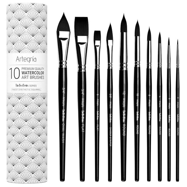 ARTEGRIA Watercolor Brush Set, 10 Professional Soft Synthetic Squirrel Paint Brushes, Including Pointed Rounds, Flats, Dagger, Oval Wash