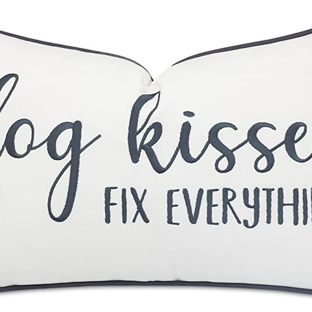 Rudransha Dog Kisses Fix Everything Embroidered Lumbar Accent Throw Pillowcase - Gift for Pet Lover, Home Decor - 12x20 Inches, Offwhite