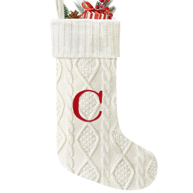 Yoochee 21 Inches Knitted Christmas Stockings with Initials, Large White Custom Monogram Embroidery Christmas Stockings with Letter, Personalized Xmas Decoration for Holiday Family Party-C