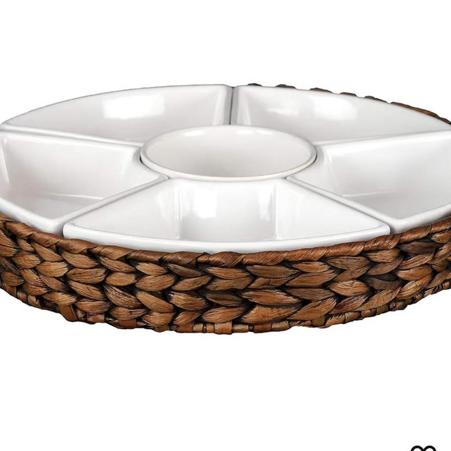 Serving Tray and Serving Dishes, RANDEFURN 7-Set Gold Platters for Parties,15.5 x 15.5 inches, Divided Serving Trays & Platters, Portable Handle,Gold
