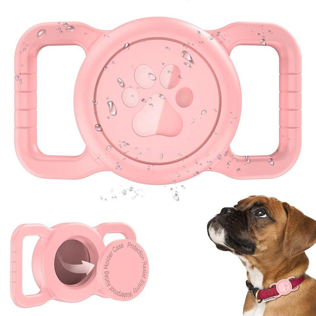 SANKALA Airtag Dog Collar Holder, [1 Pack] Waterproof Airtag Collar Holder for Dog, Silicone Full Body Covered Anti-Lost Protective Apple Airtag Case for Pet Collar - Fits All Width Collars,Pink