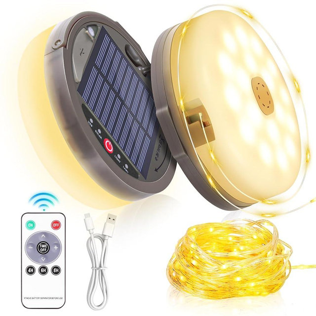 Outdoor Waterproof Portable stowable String Light, 3 in 1 Camping String Lights Outdoor with 8 Lighting Modes (40ft), Solar /USB Rechargeable Tent Lights for Camping, Hiking, Yard, RV (Warm Light)