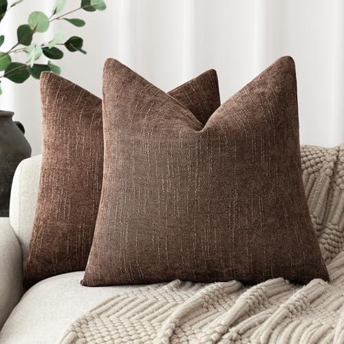 Foindtower Pack of 2 Soft Textured Chenille Throw Decorative Pillow Covers Square Accent Solid Cushion Cover Cozy Neutral Farmhouse Pillow Case for Couch Sofa Bedroom Living Room 18x18 Inch,Red Brown