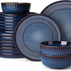 Famiware Starlight Dinnerware Sets, Plates and Bowls Dish Set of 8 (24 Pieces), Ribbed Textured Tableware - Dishwasher & Microwave Safe, Chip & Scratch Resistant, Reactive Glaze, Starry Blue