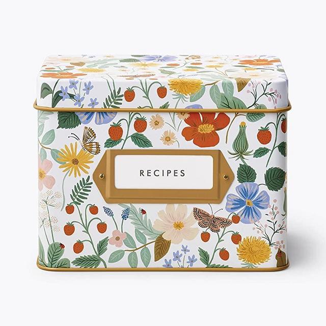 Rifle Paper Co. Strawberry Fields Recipe Tin, Gold Metallic Interior, Gold-Framed Label On Front, Includes 24 recipe Cards and 12 Recipe Dividers, Bring Charm and Cheer Into Your Kitchen