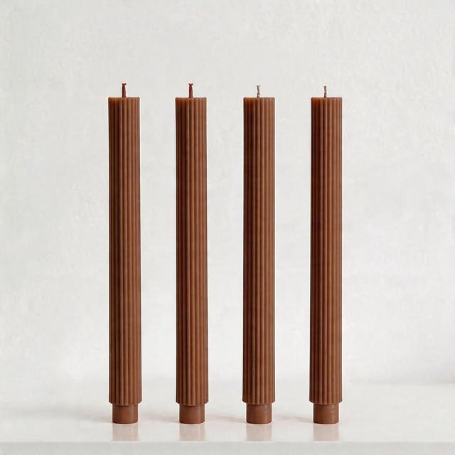 PAMELIFE Brown Ribbed Taper Candles 4 Pack, Extra Long 10.5 Inch Tall Candlesticks, Ultra Long Burning 8-12 Hours Dripless Unscented for Rustic Fall Home Decor
