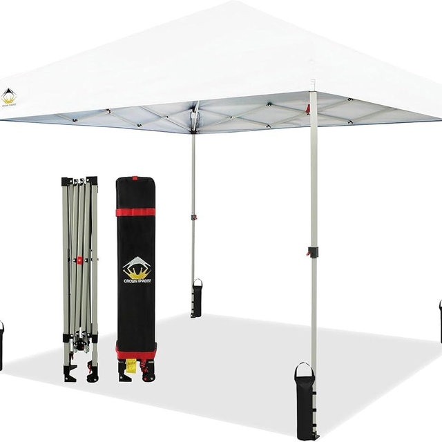 CROWN SHADES 8x8 Pop Up Canopy - Beach Tent with One Push Setup - Easy Outdoor Sun Shade for Events, Parties, Camping - Gazebo with STO-N-Go Cover Bag, Silver Coated Top, White