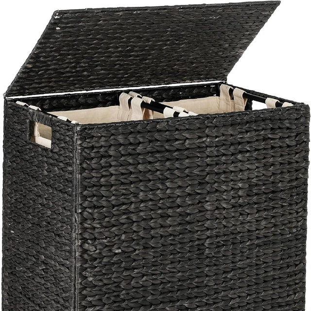 Best Choice Products Large Double Laundry Hamper with Lid, Natural Handwoven Water Hyacinth, 2 Sections w/ 2 Machine Washable Linen Liner Bags, Portable, Handles - Black