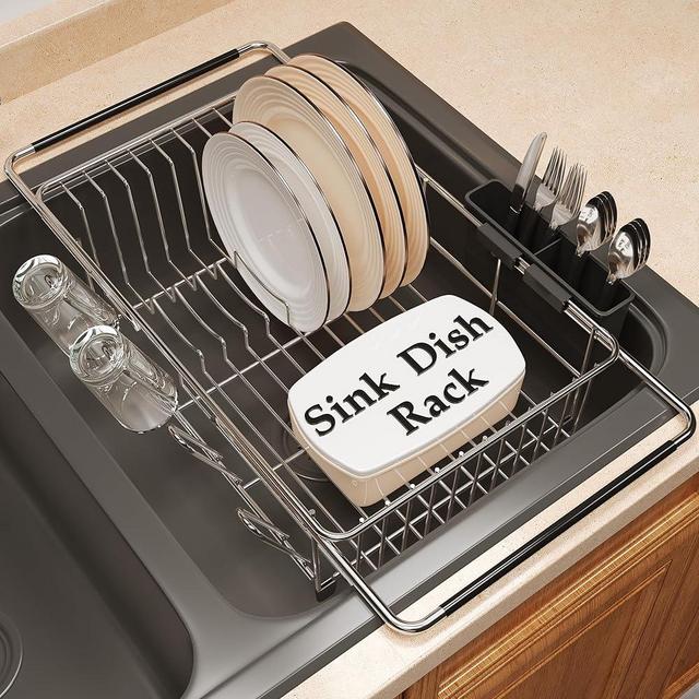 Over the Sink Expandable Dish Drainer Drying Rack In Stainless Steel for Small Kitchen, Counter Space Saving Modern Compact Metal Above Plate Dryer Strainer, Adjustable Hanging Inside Drain Holder