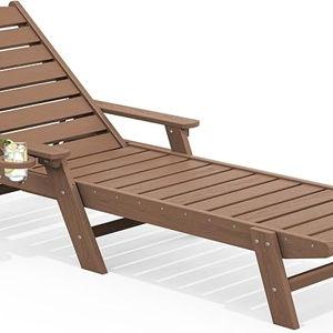 SERWALL Patio Chaise Lounge Chair, 78'' Long HDPE 5 Positions Adjustable Poly Lounge Chair with Rolling Wheels & Cup Holder for Pool, Brown