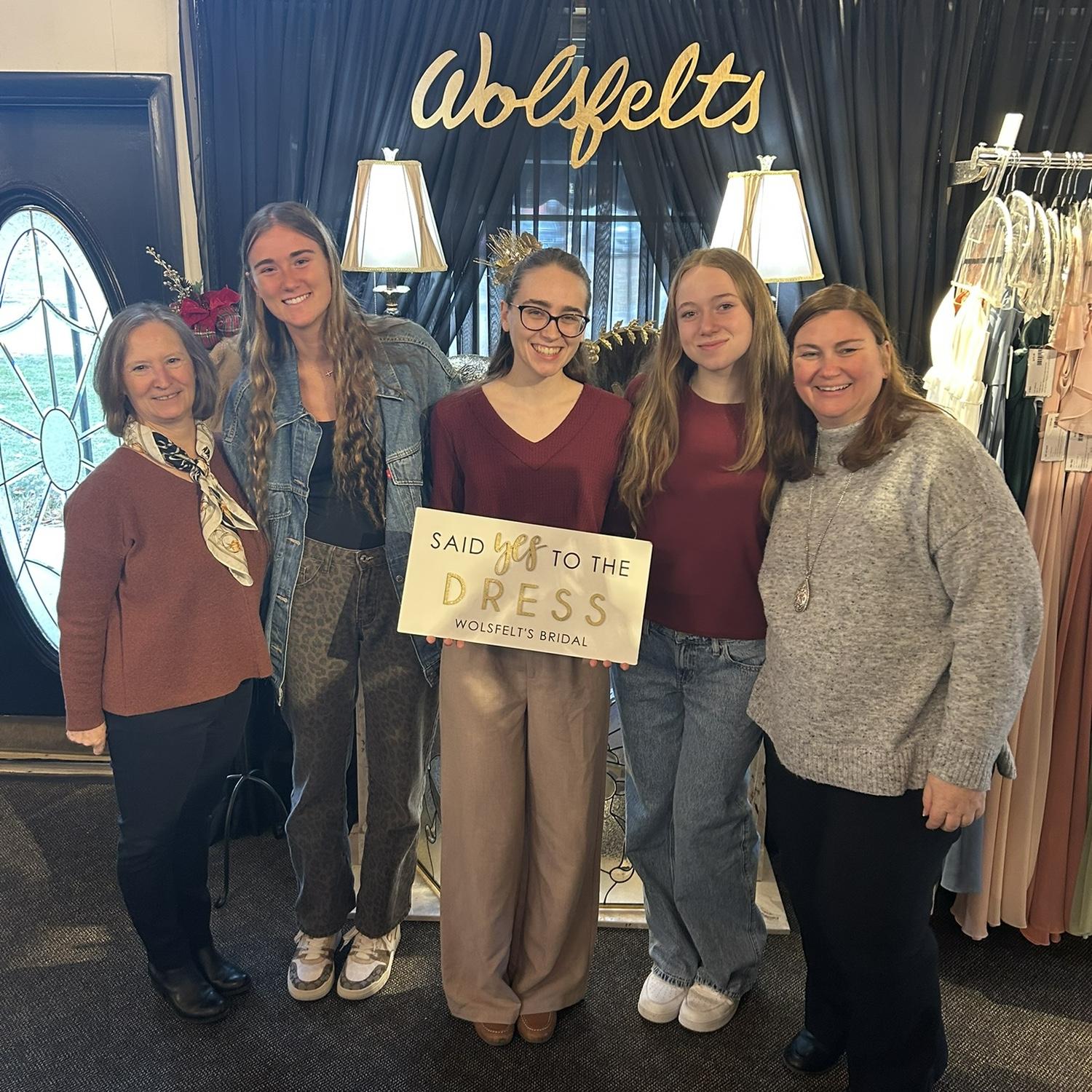Kristen said "YES" to her dress at Wolsfelts Bridal with Sean's Mom, Sarah (Kristen's Sister), Maddie (Kristen's Sister) and Kristen's mom! They had a blast gossiping and trying on different styles!