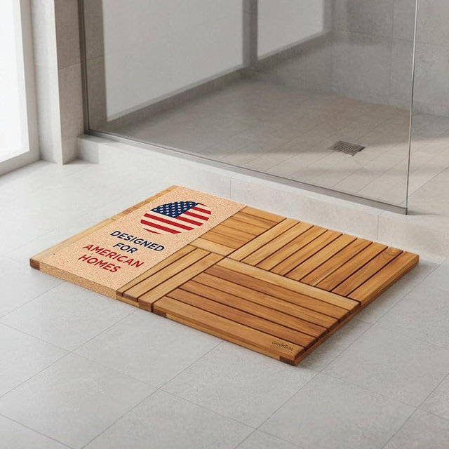 GREENTEAK Premium 32"x21" Solid Teak Shower Mat, Extra Large Foldable Teak Bath Mat, Fast-Drain Slatted Design, Non-Slip Feet, Quick Dry for Bathroom, Door, Sauna, Indoor & Outdoor, 385 Lbs Capacity