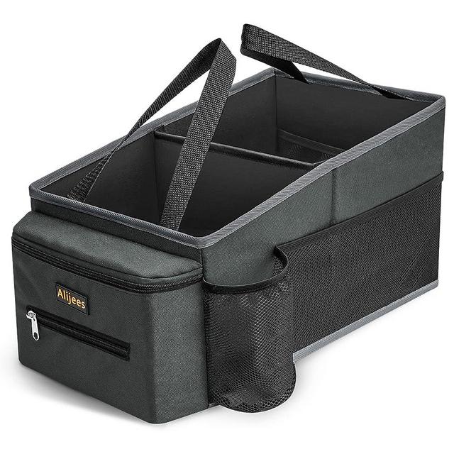 Alijees Car Organizer for Front Back Seat and Floor - Road Trip Essentials Kids, Automotive Organization Car Accessories for Women Men Interior with Cup Holders, Tissue Box, Mesh Pockets, Grey