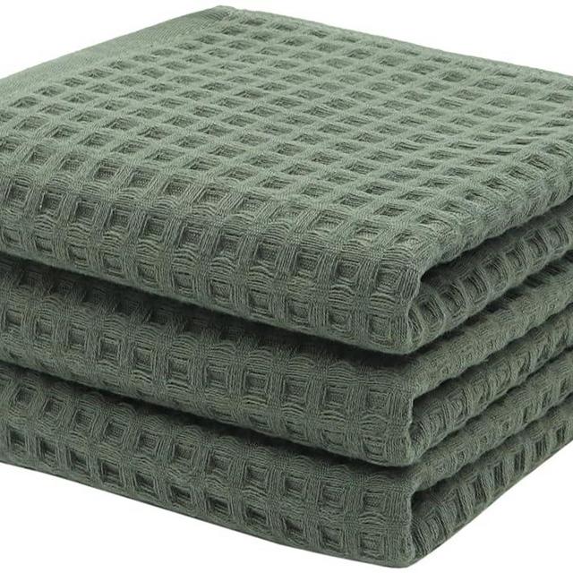 Mia'sDream Cotton Waffle Bathroom Hand Towels Set, Premium Qualit Thin Face Towels 3 Pack, Quick Drying Facial Towels Fingertip Towels Hand Towels for Bathroom,13" x 27" (Olive Green)