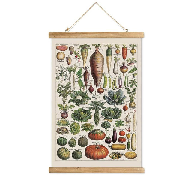 XIAOAIKA Vintage Vegetable Varieties Poster - Illustrated Garden Produce Chart with Wooden Frame - Educational Kitchen Wall Decor Art for Home Chefs and Gardeners 16 x 23 inches