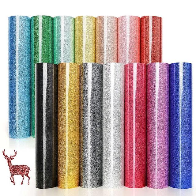 Glitter Heat Transfer Vinyl HTV - 14 Pack 12"x10" Iron On Vinyl for Cricut, Silhouette Cameo or Heat Press Machine, Easter Decorations for Shirts Dress, 14 Assorted Colors HTV Glitter Heat Press Vinyl