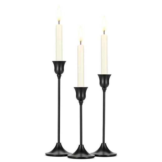 Tifanso Black Candle Stick Holder - 3PCS Taper Pillar Tall Candlestick Holders, Metal Vintage Decor, Dinner Table Dining Room Centerpieces Decorations for Wedding Fireplace Mantel Housewarming Gift