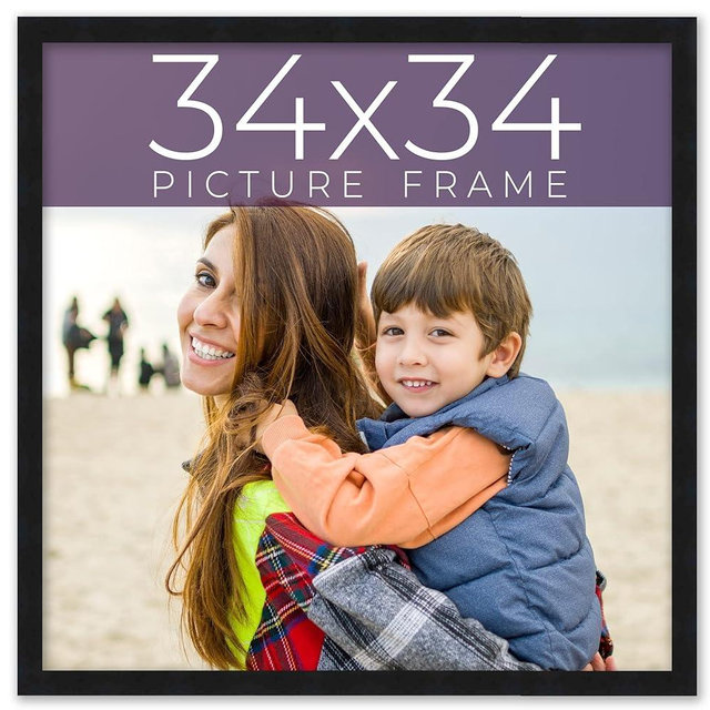 34x34 Frame Black Real Wood Picture Frame Width 0.75 Inches | Interior Frame Depth 0.5 Inches | Noir Classique Mid Century Photo Frame Complete with UV Acrylic, Foam Board Backing & Hanging Hardware