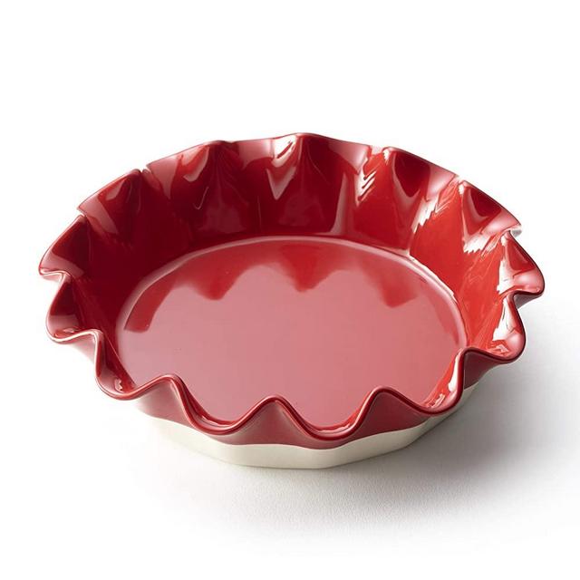 Stoneware Pie Plate with Ruffled Edge - Baking Dish for Pastries, Quiches - Red