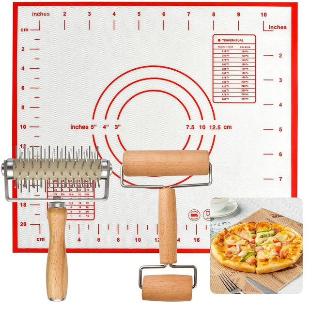 Elesunory 3-Piece Pizza Tool Set - Includes Pizza Docker, Dough Roller, and Non-Slip Silicone Baking Mat