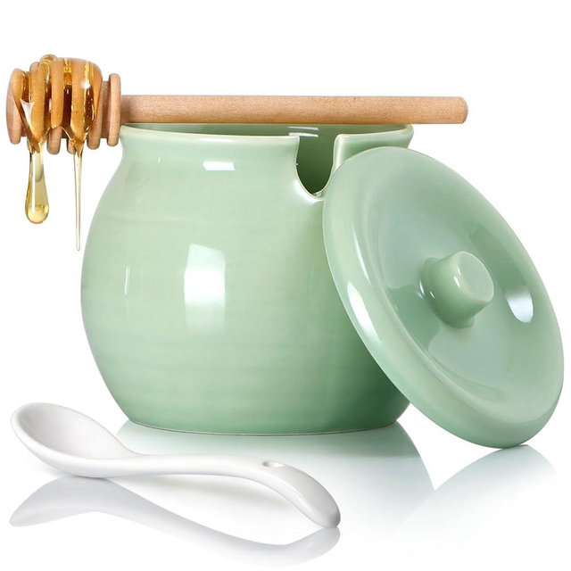 NUTRIUPS 8.5OZ Ceramic Honey Jar, Green Ceramic Honey Pot with Dipper & Spoon, Honey Container with Wooden Dipper, Pantry & Kitchen Decor