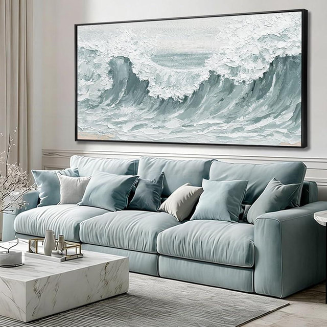 Large Framed Green Giant Waves Abstract Ocean Nature Wall Art Modern Neutral Wall Decor Canvas Print Textured White Painting Pictures for Living Room Bedroom Home 29"x58"
