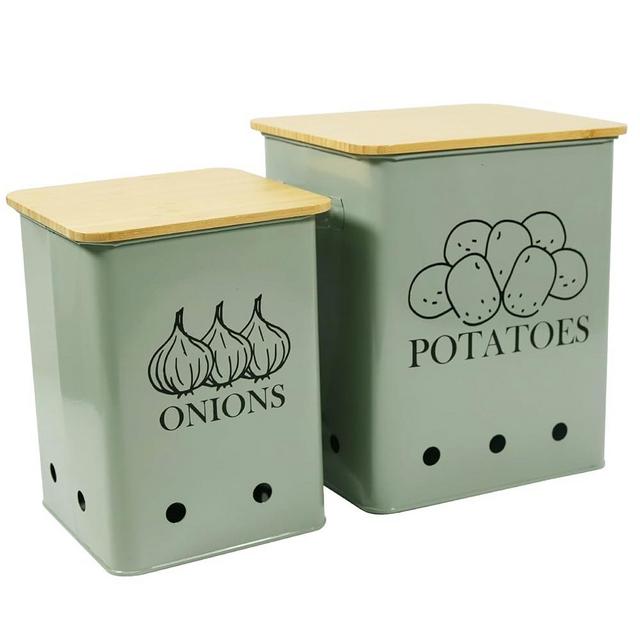Kitchen Vegetable Storage Tins Set of 2 for Potatoes, Onion, with wooden lid Garlic Bin Caddy, Long Shelf Life-Grayish Green